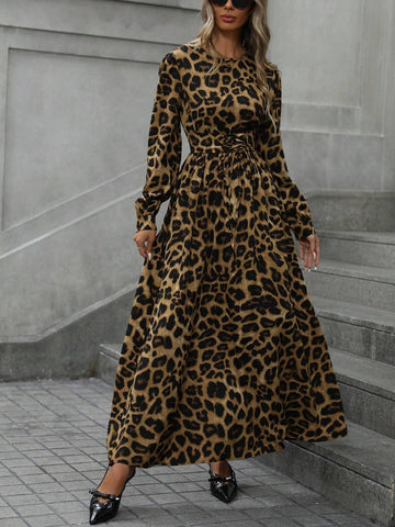 Fashionable Leopard Print Tie Waist Fitting Waist Slimming Round Neck Lantern Sleeve Long