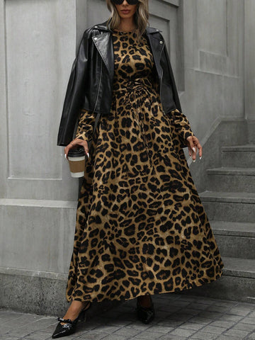 Fashionable Leopard Print Tie Waist Fitting Waist Slimming Round Neck Lantern Sleeve Long