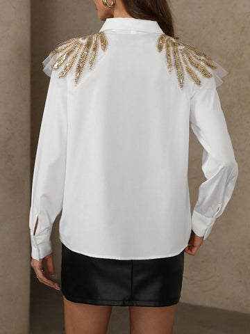Fashionable Thoughtful Design Angel Wing Beaded Casual Single Breasted Shirt