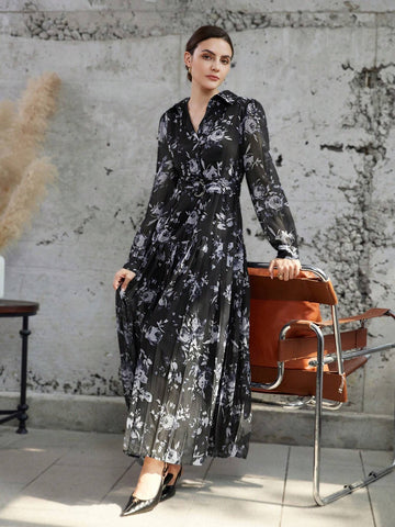 Floral Chiffon Print Cinched Waist Long Sleeve Dress With Ruffle Collar And Cuffs