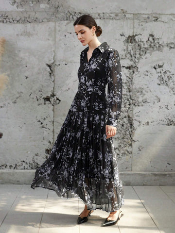 Floral Chiffon Print Cinched Waist Long Sleeve Dress With Ruffle Collar And Cuffs