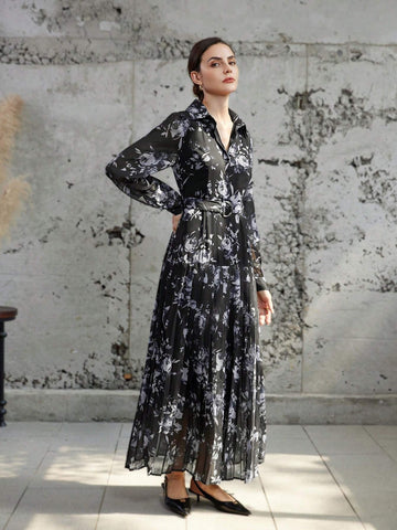 Floral Chiffon Print Cinched Waist Long Sleeve Dress With Ruffle Collar And Cuffs