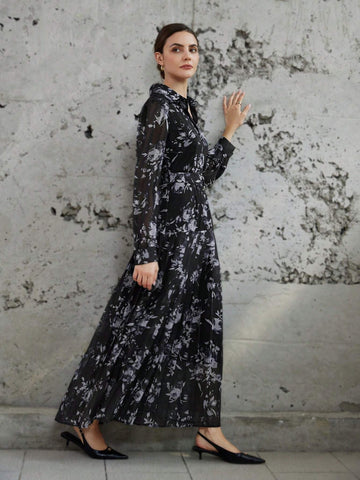 Floral Chiffon Print Cinched Waist Long Sleeve Dress With Ruffle Collar And Cuffs