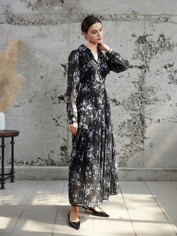 Floral Chiffon Print Cinched Waist Long Sleeve Dress With Ruffle Collar And Cuffs