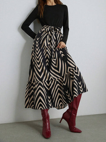 French Elegant Style Round Neck Knitted Patchwork Contrast Color Sketch Floral Skirt Hem Tied