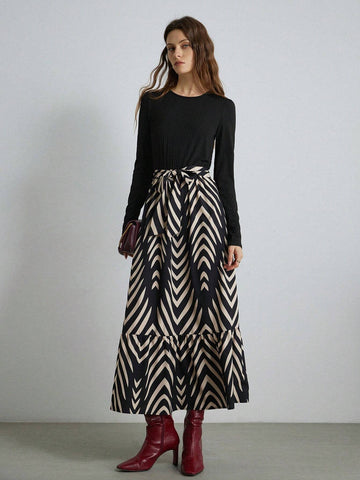 French Elegant Style Round Neck Knitted Patchwork Contrast Color Sketch Floral Skirt Hem Tied