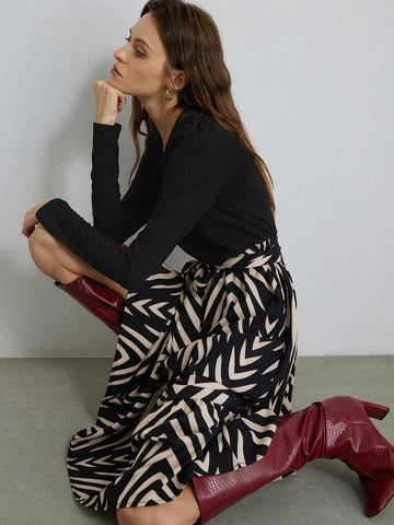 French Elegant Style Round Neck Knitted Patchwork Contrast Color Sketch Floral Skirt Hem Tied