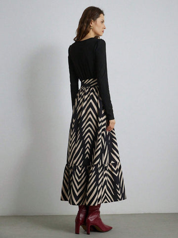 French Elegant Style Round Neck Knitted Patchwork Contrast Color Sketch Floral Skirt Hem Tied