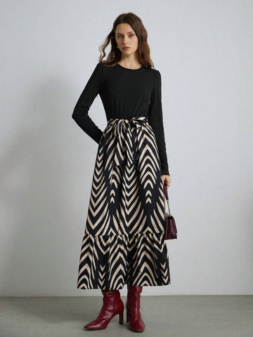 French Elegant Style Round Neck Knitted Patchwork Contrast Color Sketch Floral Skirt Hem Tied