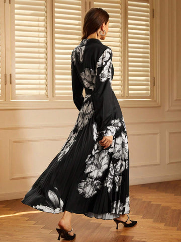 French Fashion Elegant Collar Random Printed Pleated Dress For Women, Autumn