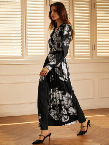 French Fashion Elegant Collar Random Printed Pleated Dress For Women, Autumn