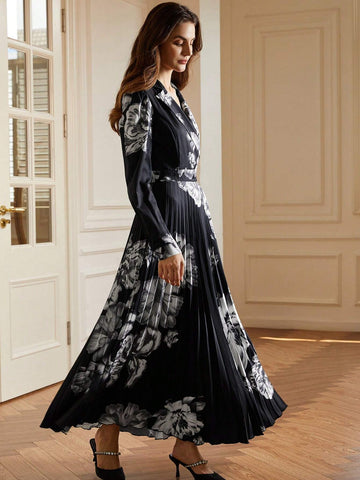French Fashion Elegant Collar Random Printed Pleated Dress For Women, Autumn