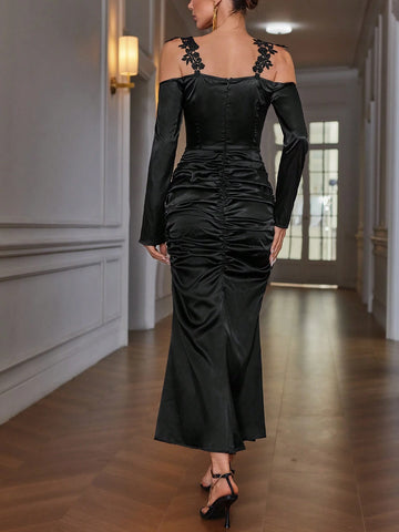 French Ins-Style V-Neck Fitted Shiny Satin Splice Lace Shoulder Exposure Elegant Mid-Length Dress