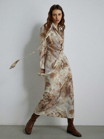 French Retro Elegant High-Quality Texture Random Floral Print Swing Collar Ribbon Dress For