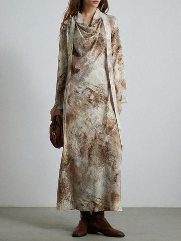 French Retro Elegant High-Quality Texture Random Floral Print Swing Collar Ribbon Dress For