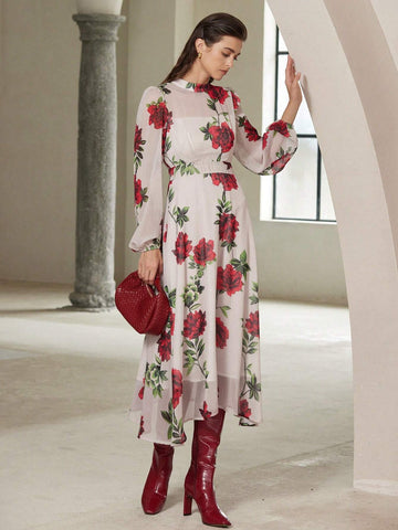 French Round Neck Romantic Random Dense Rose Print Long Sleeve Dress For Women, Suitab