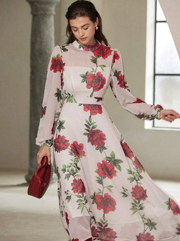French Round Neck Romantic Random Dense Rose Print Long Sleeve Dress For Women, Suitab