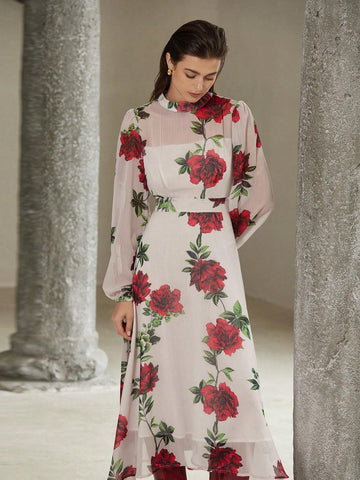 French Round Neck Romantic Random Dense Rose Print Long Sleeve Dress For Women, Suitab
