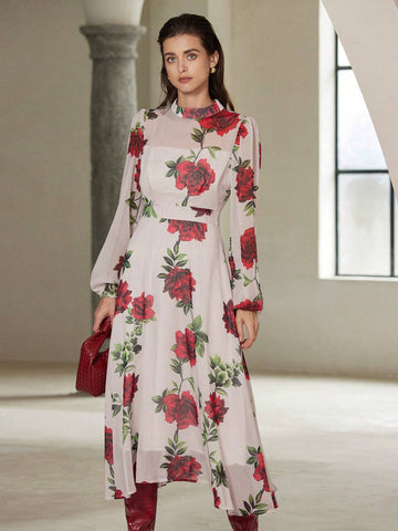 French Round Neck Romantic Random Dense Rose Print Long Sleeve Dress For Women, Suitab