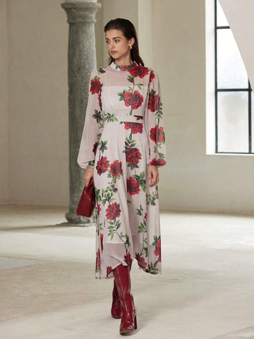 French Round Neck Romantic Random Dense Rose Print Long Sleeve Dress For Women, Suitab