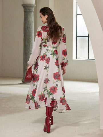 French Round Neck Romantic Random Dense Rose Print Long Sleeve Dress For Women, Suitab