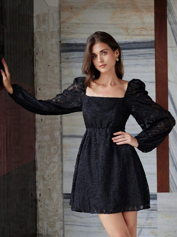 French Style Detailed Square Collar Puff Sleeve Cutout Fabric Waist Trim Short Long Sleeve Dress