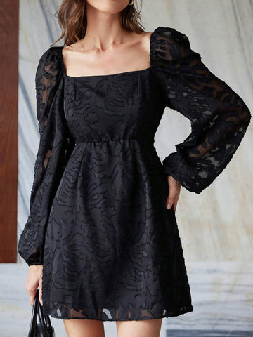 French Style Detailed Square Collar Puff Sleeve Cutout Fabric Waist Trim Short Long Sleeve Dress