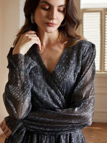 French Style Shirred Shiny Silver Lurex Slim Fit Cinched Waist Draped Ruffle Hem Dress, Women