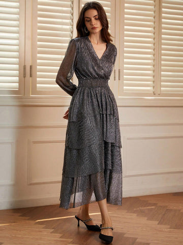 French Style Shirred Shiny Silver Lurex Slim Fit Cinched Waist Draped Ruffle Hem Dress, Women