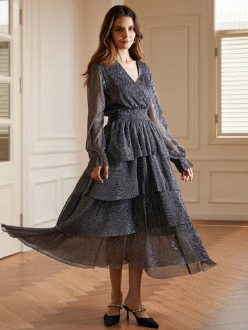 French Style Shirred Shiny Silver Lurex Slim Fit Cinched Waist Draped Ruffle Hem Dress, Women