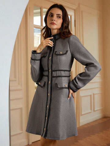 Front Button Contrast Trim Elegant Tweed A-Line Long Sleeve Dress For Women, Autumn