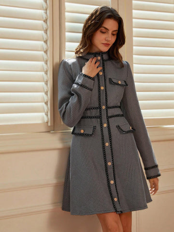 Front Button Contrast Trim Elegant Tweed A-Line Long Sleeve Dress For Women, Autumn