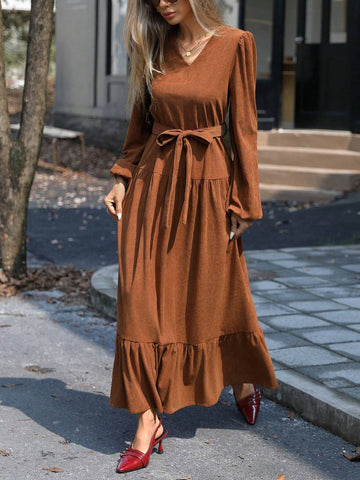 High-End V-Neck Tie-Waist Lantern Sleeve Ruffle Hem Dress With Full Skirt, For Women