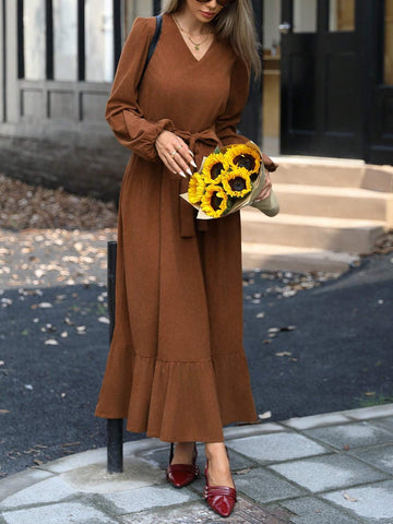 High-End V-Neck Tie-Waist Lantern Sleeve Ruffle Hem Dress With Full Skirt, For Women