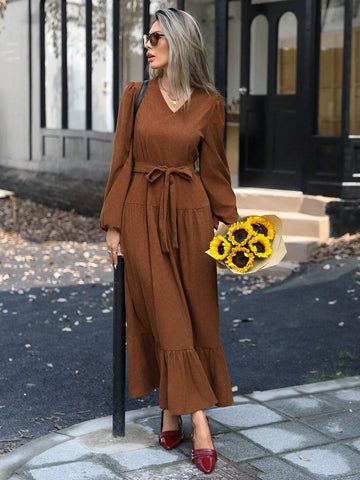 High-End V-Neck Tie-Waist Lantern Sleeve Ruffle Hem Dress With Full Skirt, For Women