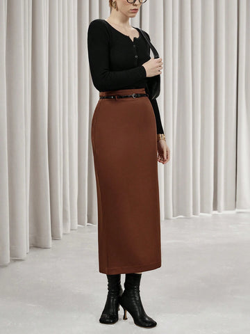 Modichic High Street Commuting Fashion Simple High Waist Slimming Belted Long Pencil Skirt For Women