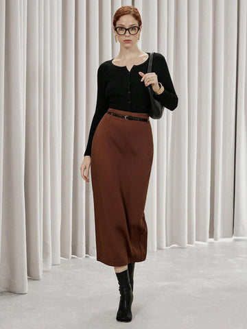 Modichic High Street Commuting Fashion Simple High Waist Slimming Belted Long Pencil Skirt For Women