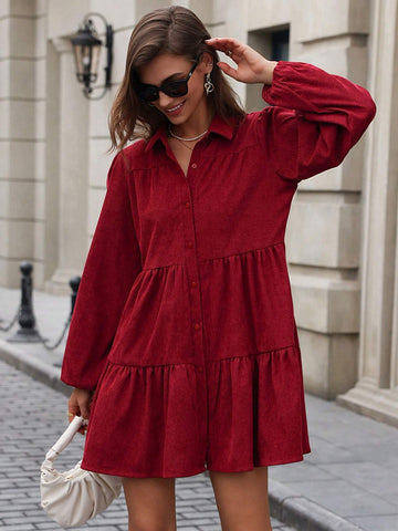 Loose Casual Corduroy Quality Solid Color Turndown Collar Lantern Sleeve Dress