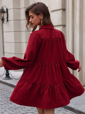 Loose Casual Corduroy Quality Solid Color Turndown Collar Lantern Sleeve Dress