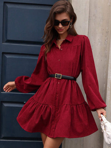Loose Casual Corduroy Quality Solid Color Turndown Collar Lantern Sleeve Dress