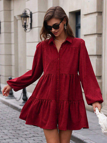 Loose Casual Corduroy Quality Solid Color Turndown Collar Lantern Sleeve Dress