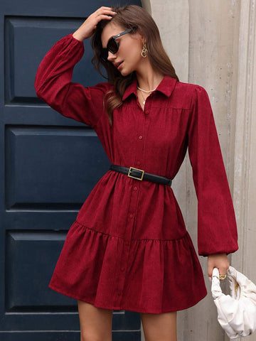 Loose Casual Corduroy Quality Solid Color Turndown Collar Lantern Sleeve Dress