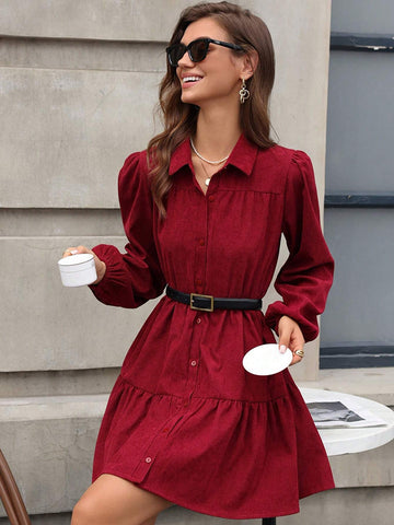 Loose Casual Corduroy Quality Solid Color Turndown Collar Lantern Sleeve Dress