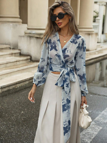 Modichic Random Butterfly Print Tie Dye Lantern Sleeve V-Neck Cinched Waist Short Blouse