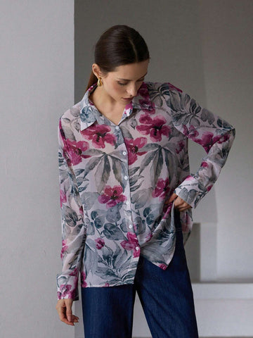 Modichic Retro Elegant Sheer Chiffon Contrast Color Print Loose Long Sleeve Women Blouse