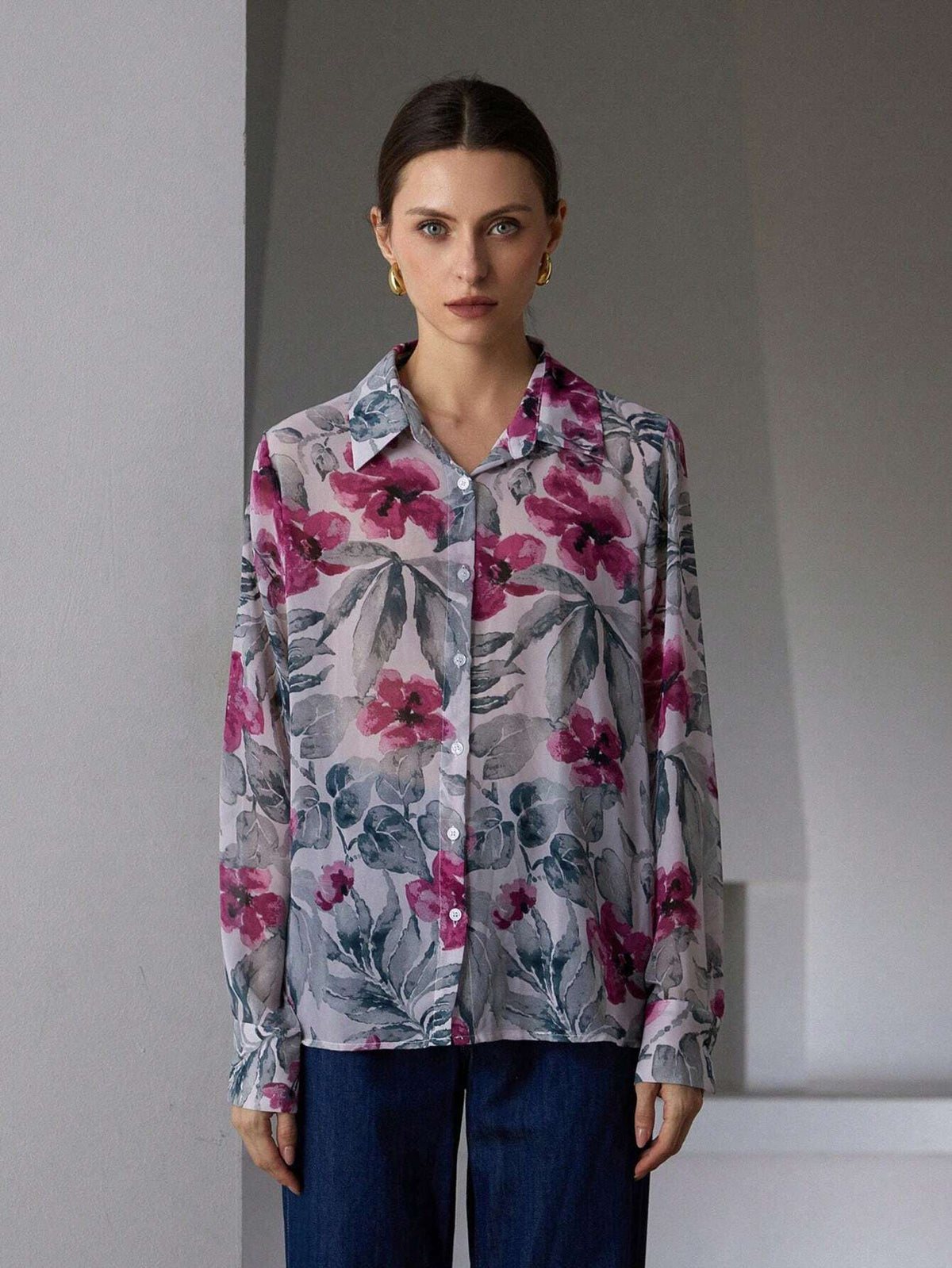 Modichic Retro Elegant Sheer Chiffon Contrast Color Print Loose Long Sleeve Women Blouse