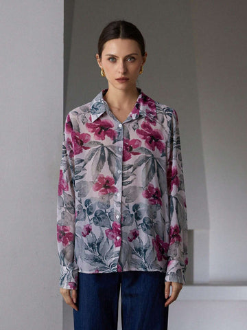 Modichic Retro Elegant Sheer Chiffon Contrast Color Print Loose Long Sleeve Women Blouse