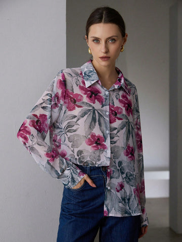 Modichic Retro Elegant Sheer Chiffon Contrast Color Print Loose Long Sleeve Women Blouse