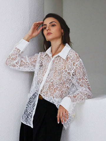 Modichic Simple Elegant Solid Color Lace Patchwork Long Sleeve Blouse For Women, Autumn