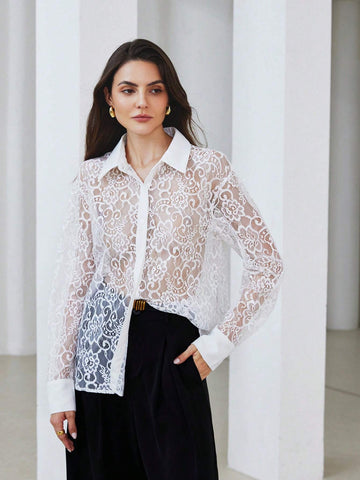 Modichic Simple Elegant Solid Color Lace Patchwork Long Sleeve Blouse For Women, Autumn